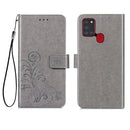 For Samsung Galaxy A21s Four-leaf Clasp Embossed Buckle Mobile Phone Protection Leather Case with Lanyard & Card Slot & Wallet & Bracket Function(Gray)