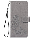 For Samsung Galaxy A21s Four-leaf Clasp Embossed Buckle Mobile Phone Protection Leather Case with Lanyard & Card Slot & Wallet & Bracket Function(Gray)