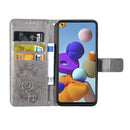 For Samsung Galaxy A21s Four-leaf Clasp Embossed Buckle Mobile Phone Protection Leather Case with Lanyard & Card Slot & Wallet & Bracket Function(Gray)