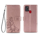 For Samsung Galaxy A21s Four-leaf Clasp Embossed Buckle Mobile Phone Protection Leather Case with Lanyard & Card Slot & Wallet & Bracket Function(Rose Gold)