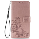 For Samsung Galaxy A21s Four-leaf Clasp Embossed Buckle Mobile Phone Protection Leather Case with Lanyard & Card Slot & Wallet & Bracket Function(Rose Gold)