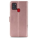 For Samsung Galaxy A21s Four-leaf Clasp Embossed Buckle Mobile Phone Protection Leather Case with Lanyard & Card Slot & Wallet & Bracket Function(Rose Gold)