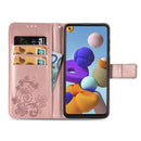 For Samsung Galaxy A21s Four-leaf Clasp Embossed Buckle Mobile Phone Protection Leather Case with Lanyard & Card Slot & Wallet & Bracket Function(Rose Gold)