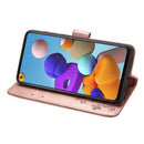 For Samsung Galaxy A21s Four-leaf Clasp Embossed Buckle Mobile Phone Protection Leather Case with Lanyard & Card Slot & Wallet & Bracket Function(Rose Gold)