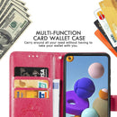 For Samsung Galaxy A21s Four-leaf Clasp Embossed Buckle Mobile Phone Protection Leather Case with Lanyard & Card Slot & Wallet & Bracket Function(Rose Gold)