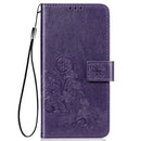 For Samsung Galaxy A21s Four-leaf Clasp Embossed Buckle Mobile Phone Protection Leather Case with Lanyard & Card Slot & Wallet & Bracket Function(Purple)