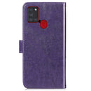 For Samsung Galaxy A21s Four-leaf Clasp Embossed Buckle Mobile Phone Protection Leather Case with Lanyard & Card Slot & Wallet & Bracket Function(Purple)