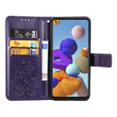 For Samsung Galaxy A21s Four-leaf Clasp Embossed Buckle Mobile Phone Protection Leather Case with Lanyard & Card Slot & Wallet & Bracket Function(Purple)