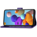 For Samsung Galaxy A21s Four-leaf Clasp Embossed Buckle Mobile Phone Protection Leather Case with Lanyard & Card Slot & Wallet & Bracket Function(Purple)