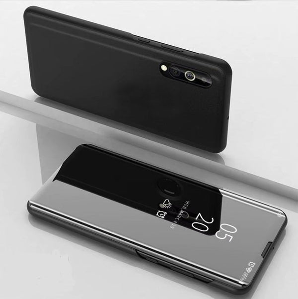 For Samsung Galaxy A01 Plated Mirror Horizontal Flip Leather Case with Holder(Black)