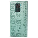 For Xiaomi Redmi 10X (4G) / Note 9 Cute Cat and Dog Embossed Horizontal Flip Leather Case with Bracket / Card Slot / Wallet / Lanyard(Green)