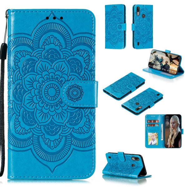 For Motorola Moto E6S 2020 Mandala Embossing Pattern Horizontal Flip Leather Case with Holder & Card Slots & Wallet & Photo Frame & Lanyard(Blue)