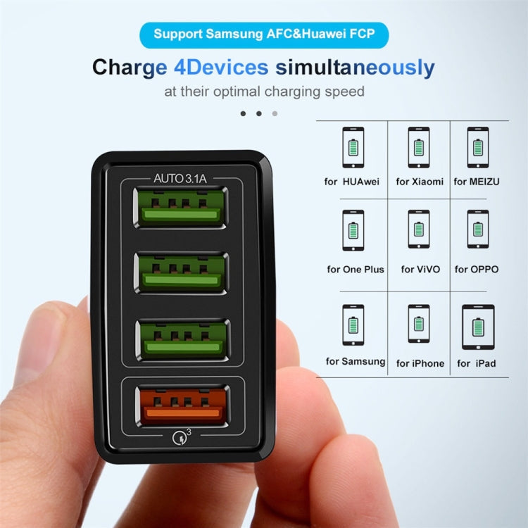 30W QC 3.0 USB + 3 USB 2.0 Ports Mobile Phone Tablet PC Universal Quick Charger Travel Charger, EU Plug(Black)