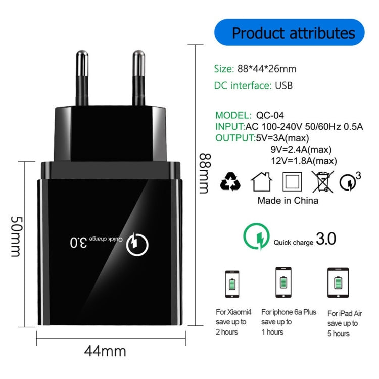 30W QC 3.0 USB + 3 USB 2.0 Ports Mobile Phone Tablet PC Universal Quick Charger Travel Charger, EU Plug(Black)