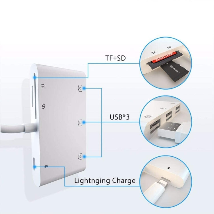 ZS-S1852 6 in 1 3 USB Female to 8 Pin Male OTG Camera Card Reader Adapter with SD & TF Card & 8 Pin Charging Interface, Compatible with IOS 13 System