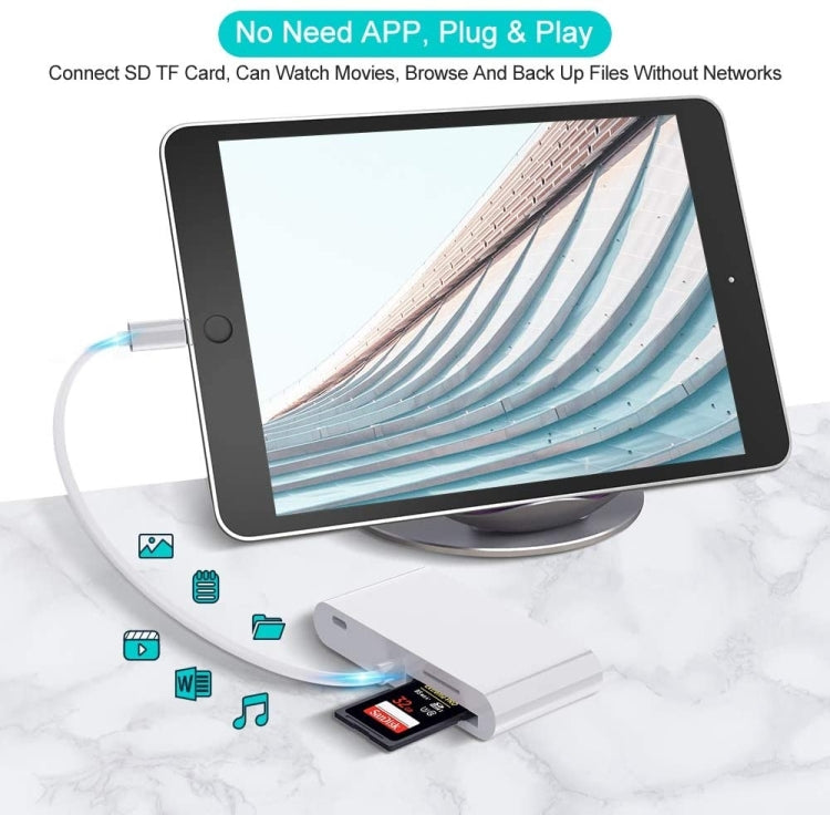 ZS-S1852 6 in 1 3 USB Female to 8 Pin Male OTG Camera Card Reader Adapter with SD & TF Card & 8 Pin Charging Interface, Compatible with IOS 13 System