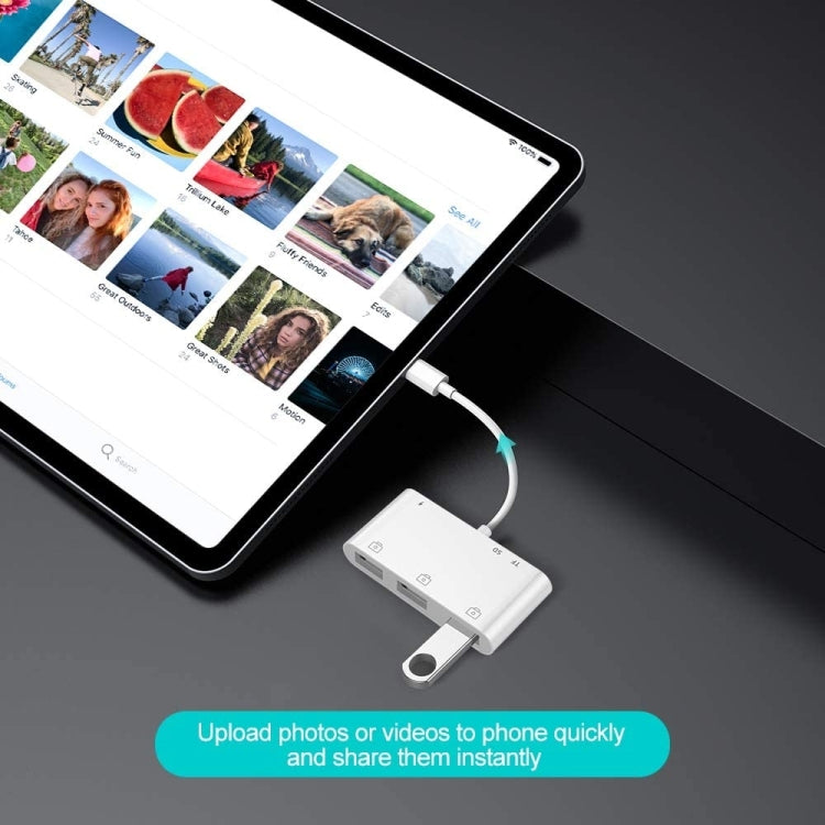 ZS-S1852 6 in 1 3 USB Female to 8 Pin Male OTG Camera Card Reader Adapter with SD & TF Card & 8 Pin Charging Interface, Compatible with IOS 13 System