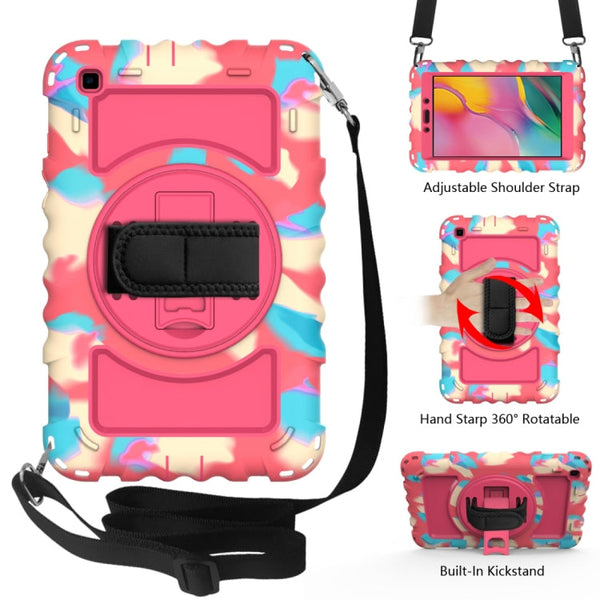 For Samsung Galaxy Tab A 8.0 2019 T290 / T295 360 Degree Rotation PC + Silicone Shockproof Combination Case with Holder & Hand Grip Strap & Neck Strap(Colorful+Hot Pink)(Colorful+Hot Pink)