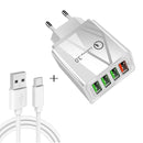 2 in 1 USB to USB-C / Type-C Data Cable + 30W QC 3.0 4 USB Interfaces Mobile Phone Tablet PC Universal Quick Charger Travel Charger Set, EU Plug(White)