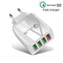 2 in 1 USB to USB-C / Type-C Data Cable + 30W QC 3.0 4 USB Interfaces Mobile Phone Tablet PC Universal Quick Charger Travel Charger Set, EU Plug(White)