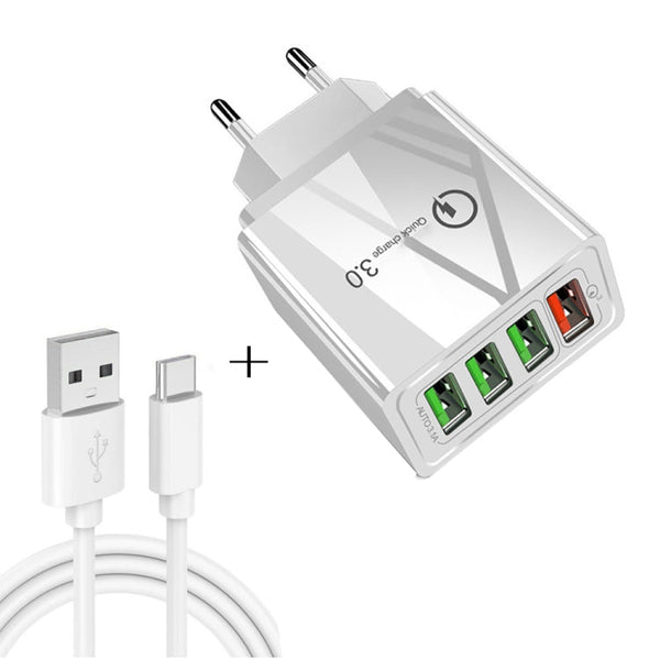 2 in 1 USB to USB-C / Type-C Data Cable + 30W QC 3.0 4 USB Interfaces Mobile Phone Tablet PC Universal Quick Charger Travel Charger Set, EU Plug(White)