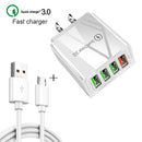 2 in 1 1m USB to Micro USB Data Cable + 30W QC 3.0 4 USB Interfaces Mobile Phone Tablet PC Universal Quick Charger Travel Charger Set, US Plug(Black)
