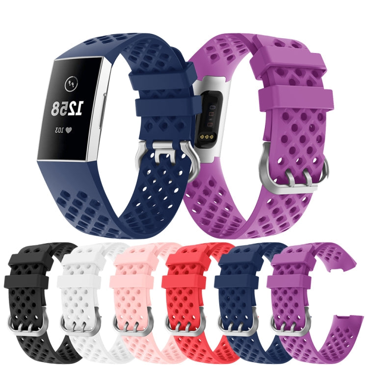 For Fitbit Charge 3 / 4 Hollow Square Silicone Watch Band Wristband(Black)