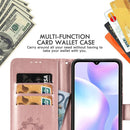 For Xiaomi Redmi 9A Four-leaf Clasp Embossed Buckle Horizontal Flip TPU + PU Leather Case with Lanyard & Card Slot & Wallet & Holder(Rose Gold)