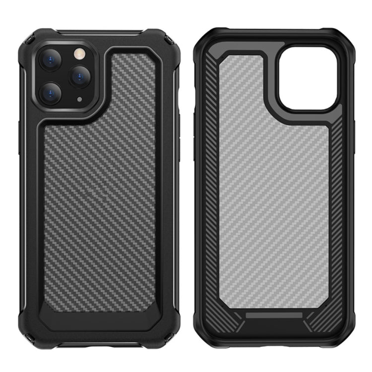 For iPhone 12 / 12 Pro Transparent Carbon Fiber Texture Rugged Full Body TPU+PC Scratch-Resistant Shockproof Case(Black)