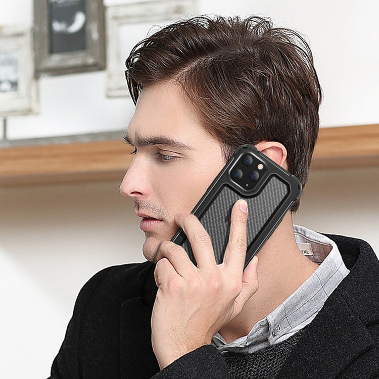 For iPhone 12 / 12 Pro Transparent Carbon Fiber Texture Rugged Full Body TPU+PC Scratch-Resistant Shockproof Case(Black)