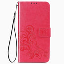 For Google Pixel 4A Four-leaf Clasp Embossed Buckle Mobile Phone Protection Leather Case with Lanyard & Card Slot & Wallet & Bracket Function(Magenta)