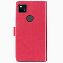 For Google Pixel 4A Four-leaf Clasp Embossed Buckle Mobile Phone Protection Leather Case with Lanyard & Card Slot & Wallet & Bracket Function(Magenta)