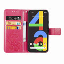 For Google Pixel 4A Four-leaf Clasp Embossed Buckle Mobile Phone Protection Leather Case with Lanyard & Card Slot & Wallet & Bracket Function(Magenta)