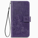 For Google Pixel 4A Four-leaf Clasp Embossed Buckle Mobile Phone Protection Leather Case with Lanyard & Card Slot & Wallet & Bracket Function(Purple)