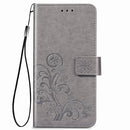 For Google Pixel 4A Four-leaf Clasp Embossed Buckle Mobile Phone Protection Leather Case with Lanyard & Card Slot & Wallet & Bracket Function(Grey)