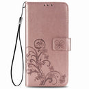 For Google Pixel 4A Four-leaf Clasp Embossed Buckle Mobile Phone Protection Leather Case with Lanyard & Card Slot & Wallet & Bracket Function(Rose Gold)