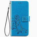For Google Pixel 4A Four-leaf Clasp Embossed Buckle Mobile Phone Protection Leather Case with Lanyard & Card Slot & Wallet & Bracket Function(Blue)