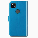 For Google Pixel 4A Four-leaf Clasp Embossed Buckle Mobile Phone Protection Leather Case with Lanyard & Card Slot & Wallet & Bracket Function(Blue)