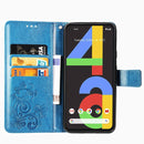 For Google Pixel 4A Four-leaf Clasp Embossed Buckle Mobile Phone Protection Leather Case with Lanyard & Card Slot & Wallet & Bracket Function(Blue)
