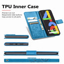 For Google Pixel 4A Four-leaf Clasp Embossed Buckle Mobile Phone Protection Leather Case with Lanyard & Card Slot & Wallet & Bracket Function(Blue)