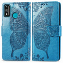For Huawei Honor 9X Lite Butterfly Love Flower Embossed Horizontal Flip Leather Case with Bracket / Card Slot / Wallet / Lanyard(Blue)