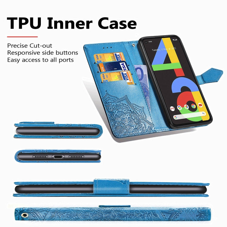 For Google Pixel 4a Mandala Flower Embossed Horizontal Flip Leather Case with Bracket / Card Slot / Wallet / Lanyard(Green)