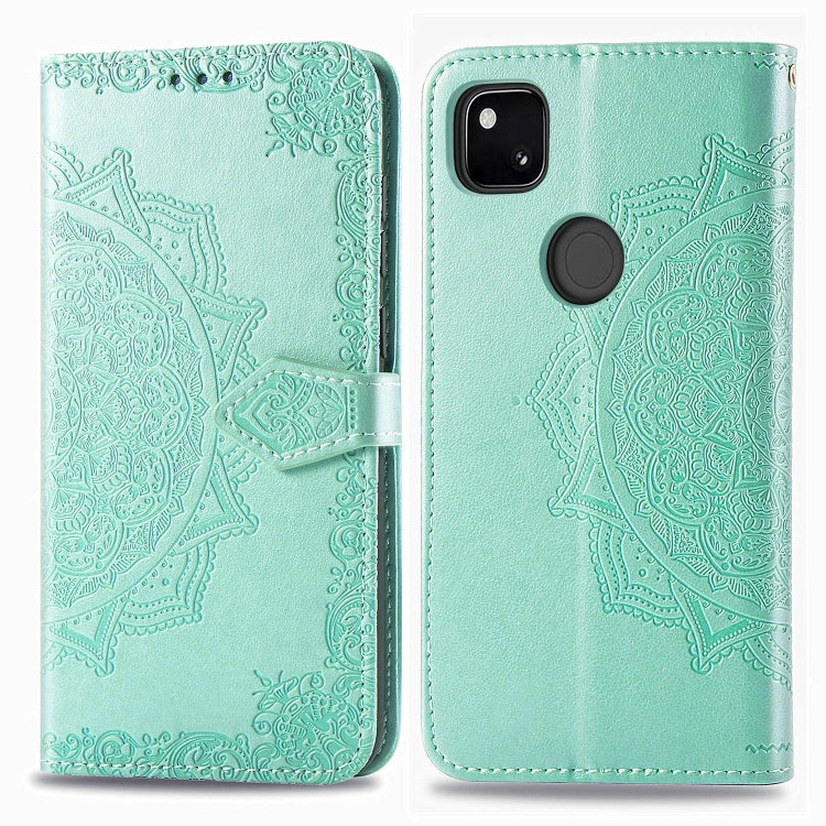 For Google Pixel 4a Mandala Flower Embossed Horizontal Flip Leather Case with Bracket / Card Slot / Wallet / Lanyard(Green)
