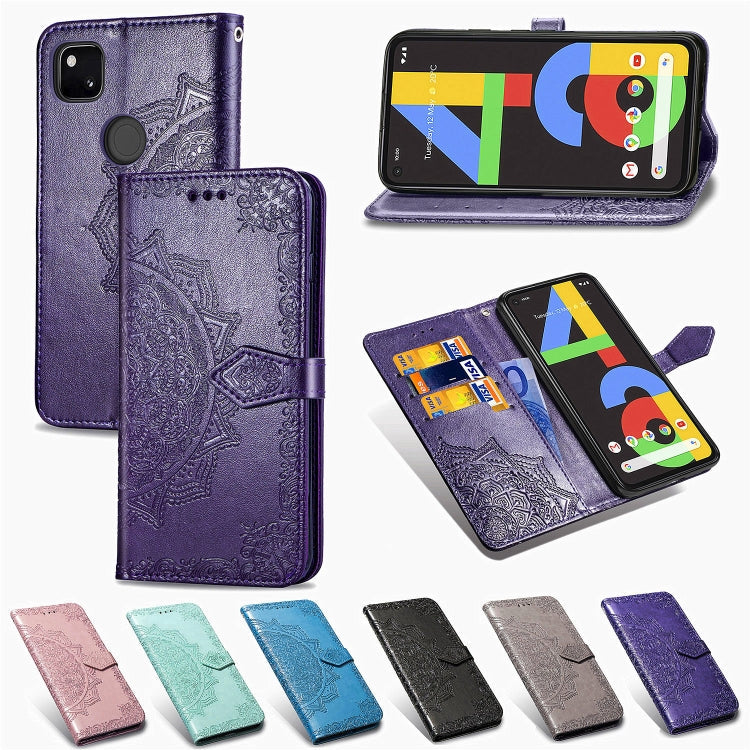 For Google Pixel 4a Mandala Flower Embossed Horizontal Flip Leather Case with Bracket / Card Slot / Wallet / Lanyard(Green)