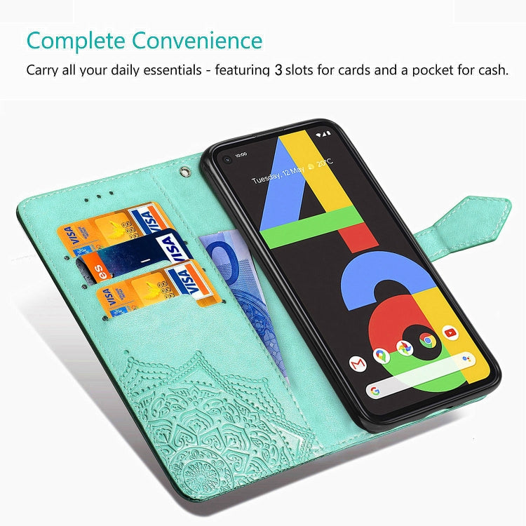 For Google Pixel 4a Mandala Flower Embossed Horizontal Flip Leather Case with Bracket / Card Slot / Wallet / Lanyard(Green)