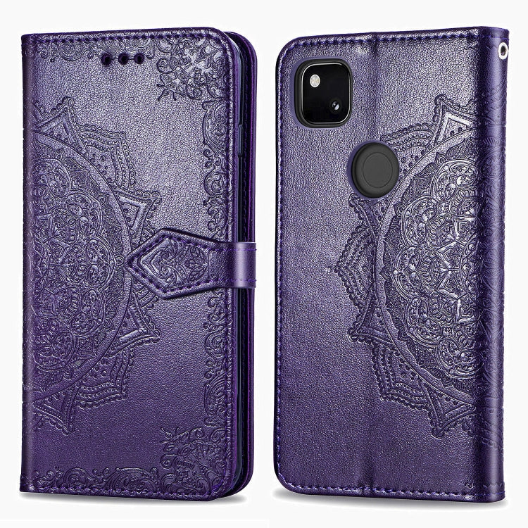 For Google Pixel 4a Mandala Flower Embossed Horizontal Flip Leather Case with Bracket / Card Slot / Wallet / Lanyard(Purple)