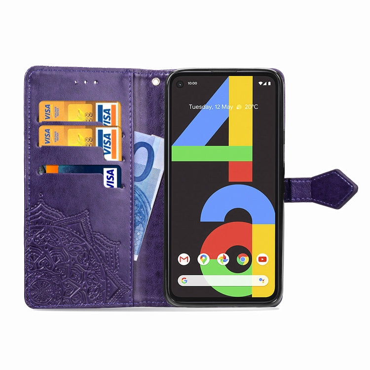 For Google Pixel 4a Mandala Flower Embossed Horizontal Flip Leather Case with Bracket / Card Slot / Wallet / Lanyard(Purple)