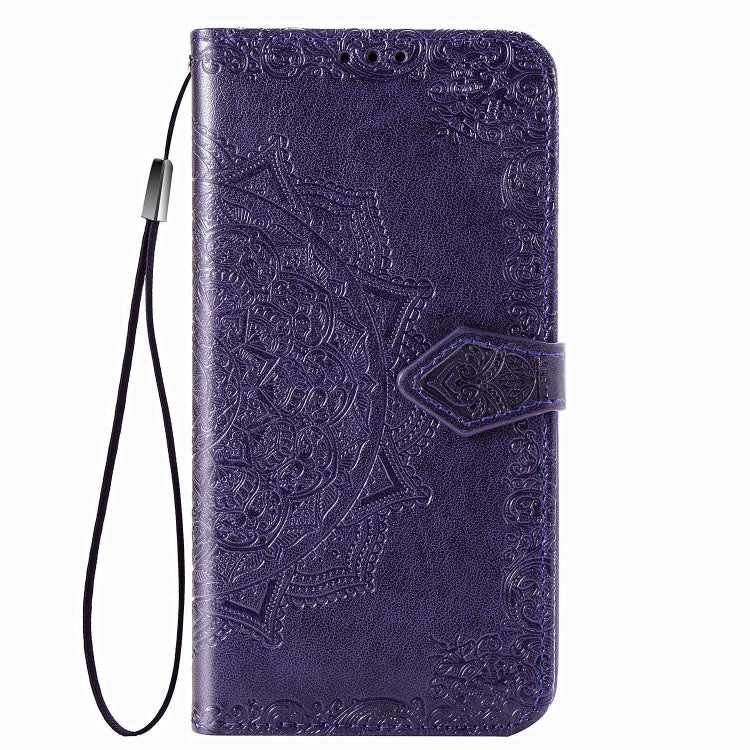 For Google Pixel 4a Mandala Flower Embossed Horizontal Flip Leather Case with Bracket / Card Slot / Wallet / Lanyard(Purple)