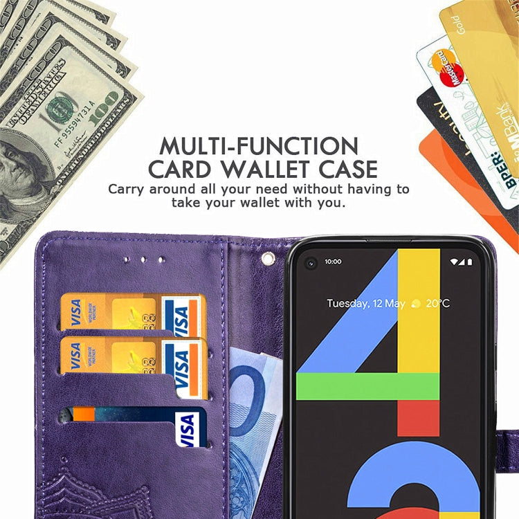 For Google Pixel 4a Mandala Flower Embossed Horizontal Flip Leather Case with Bracket / Card Slot / Wallet / Lanyard(Purple)