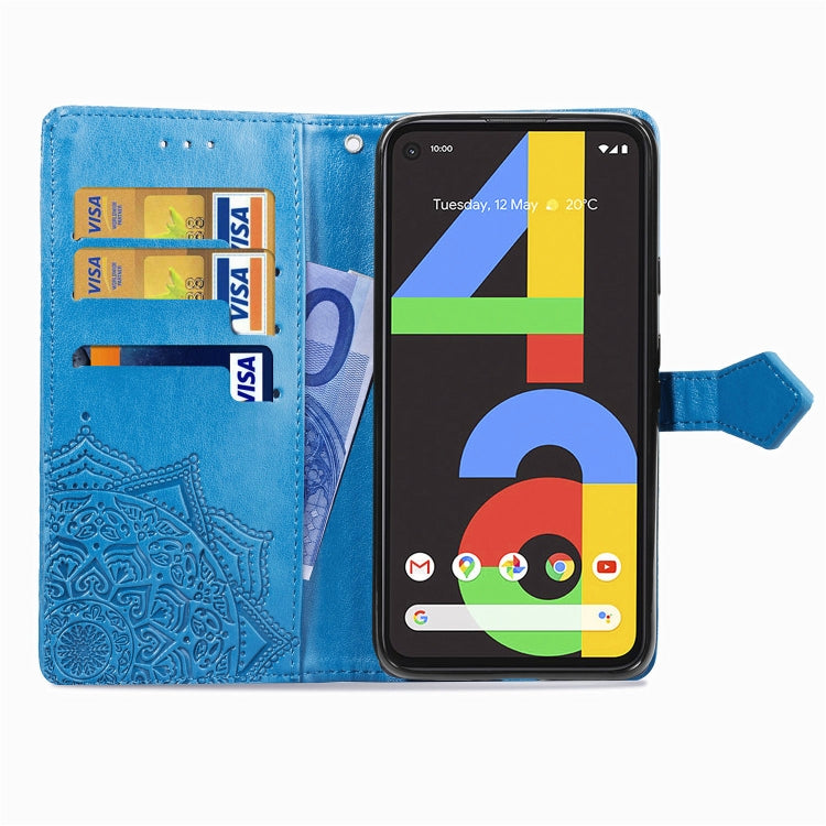For Google Pixel 4a Mandala Flower Embossed Horizontal Flip Leather Case with Bracket / Card Slot / Wallet / Lanyard(Blue)